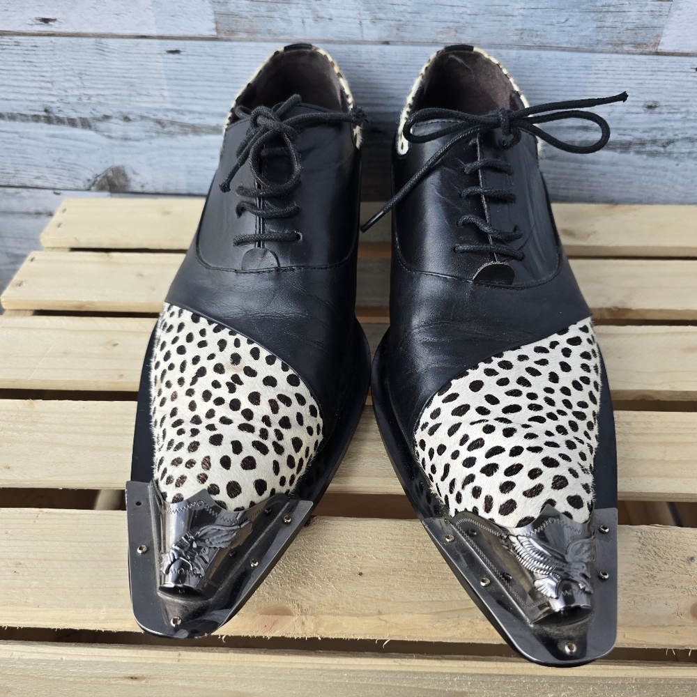 Zota G737-4 Black White Leopard Hair Lace Up Pointed Toe Shoes Metal Tip Size 10 - Picture 3 of 16